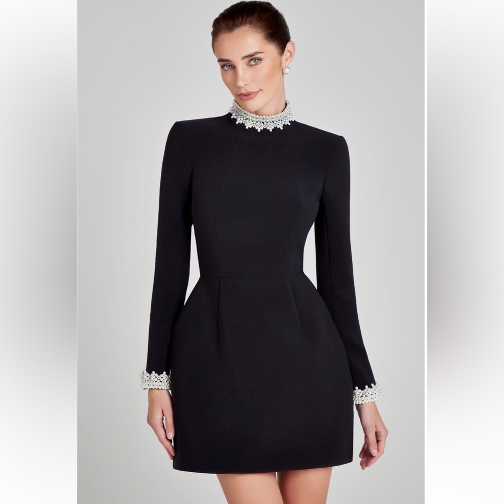Nadine Merabi Athena Faux Pearl Trim Long Sleeve Mini Dress